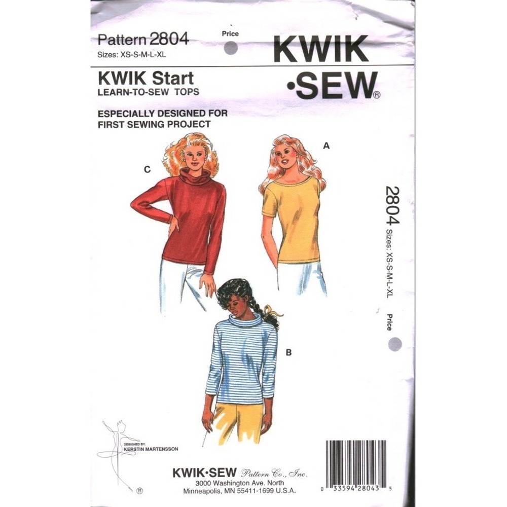 Kwik Sew 2804 Learn to Sew Misses Tops Pattern XS-M Boat Neck Stand Collar 1999